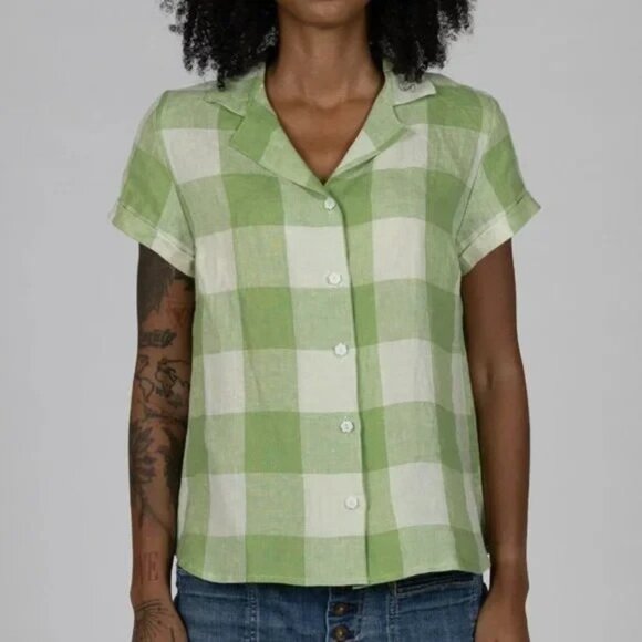 Pyne & Smith 100% Flax Linen Gingham Short Sleeve Button Up Blouse size Medium - Picture 2 of 8